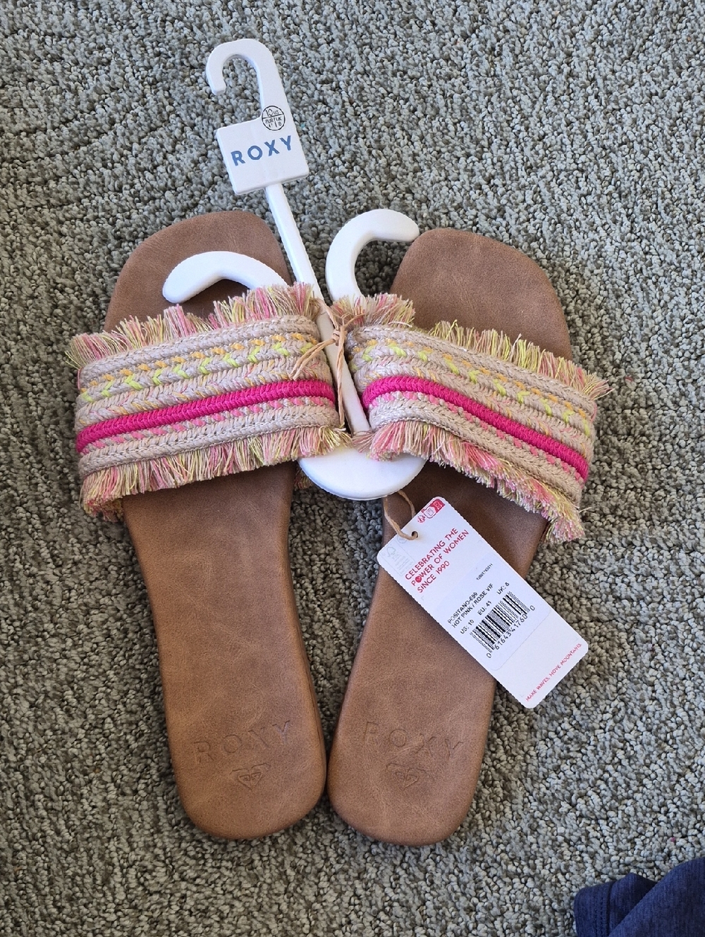 Roxy Tan Slide Sandals with Pink and Yellow Fringe Strap